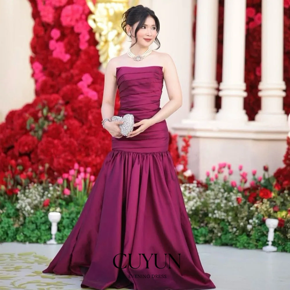 

CUYUN Customized Fuchsia Women Evening Gown Strapless Simple Elegant A Line Formal Dinner Banquet Gown Prom Party Dresses
