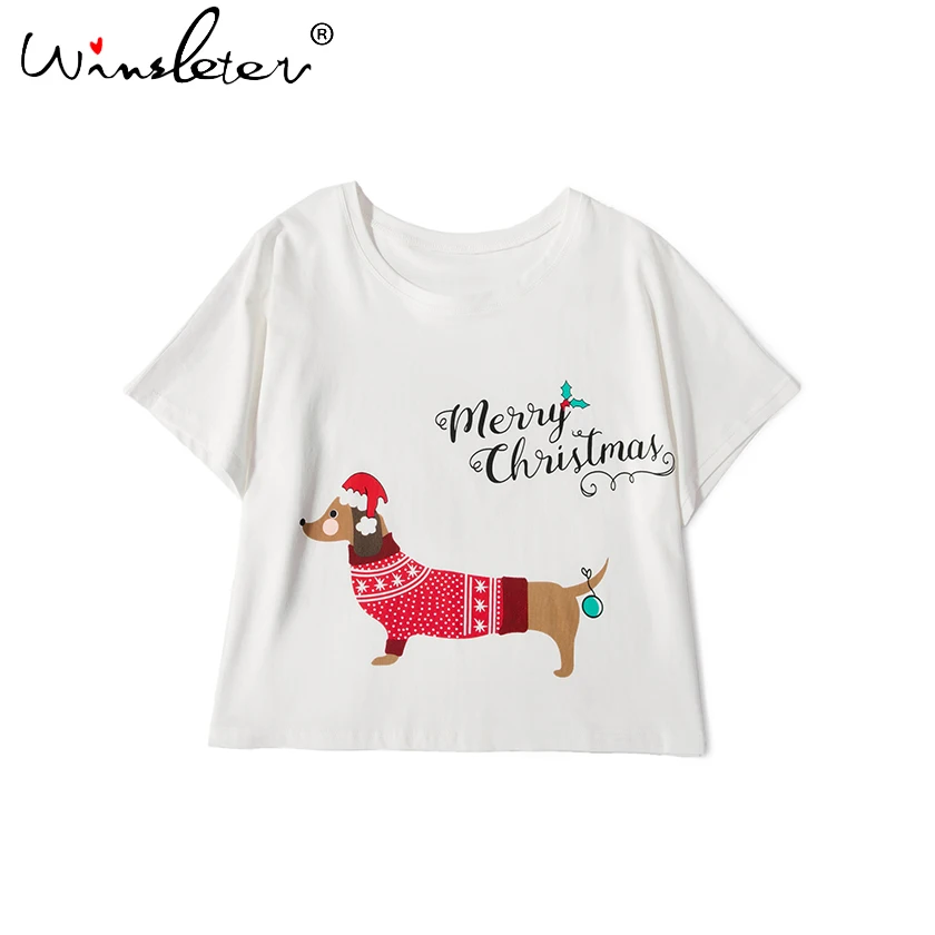 New Sleep Top Christmas Dachshund With Santa Hat Dog Print Loose T shirt Women Crop Top Short Top Cotton Pajamas pyjamas T7N001