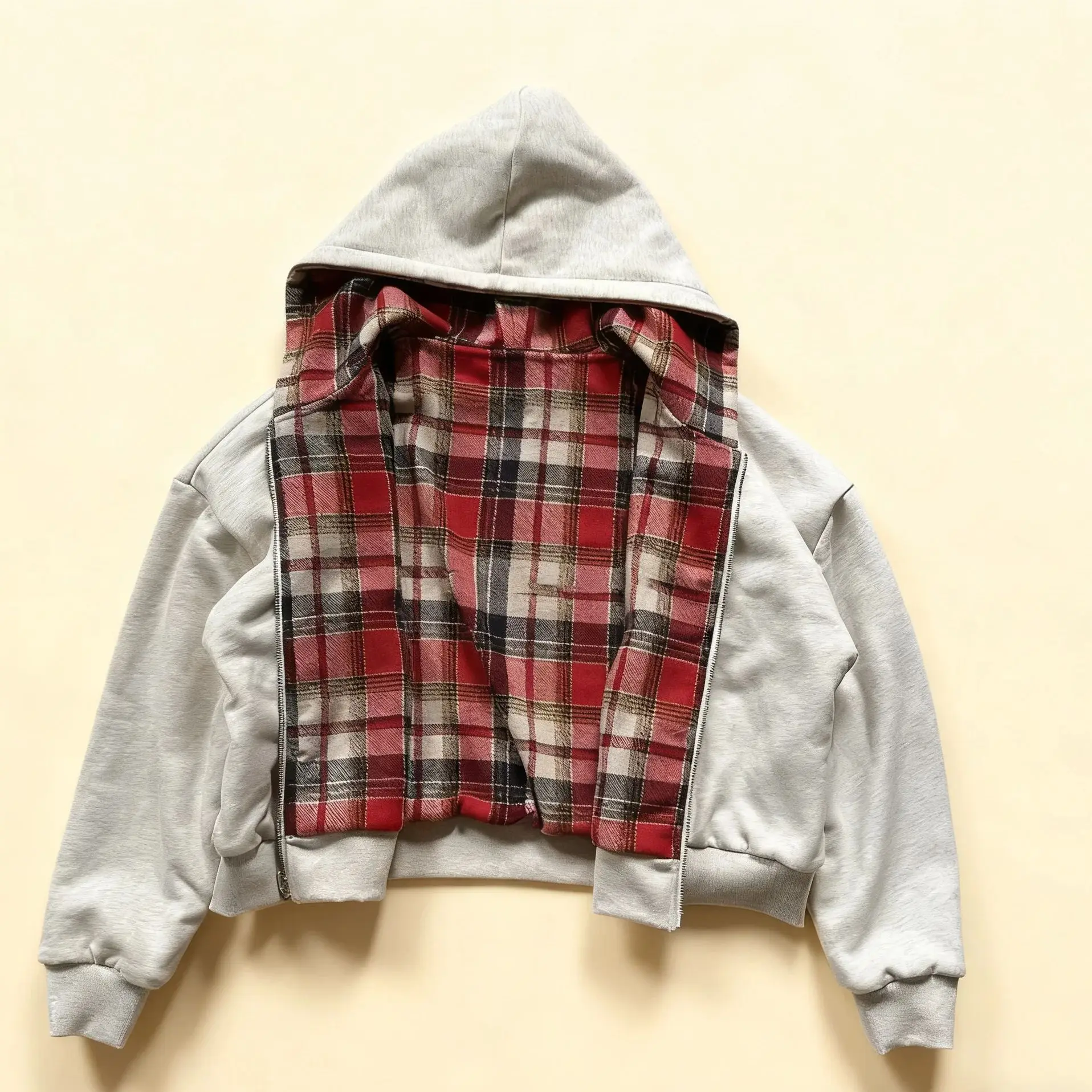 Splicing double-sided printed open top hooded sweatshirt men's plaid lining popular American retro loose hooded jacket