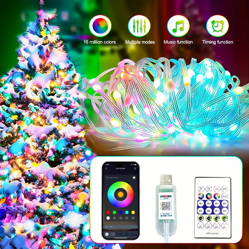 RGBIC USB LED String Lights DIY Outdoor Christmas Tree Decor Fairy Lights 8 Modes Bluetooth APP For Wedding Holiday Party Lighti