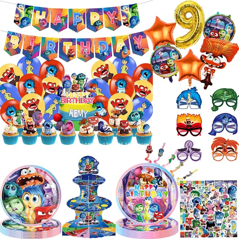 Inside Out Birthday Party Supplies For Kids Disney Inside Out 2 Theme Tableware Set Anxiety Balloons Happy Banner Decorations