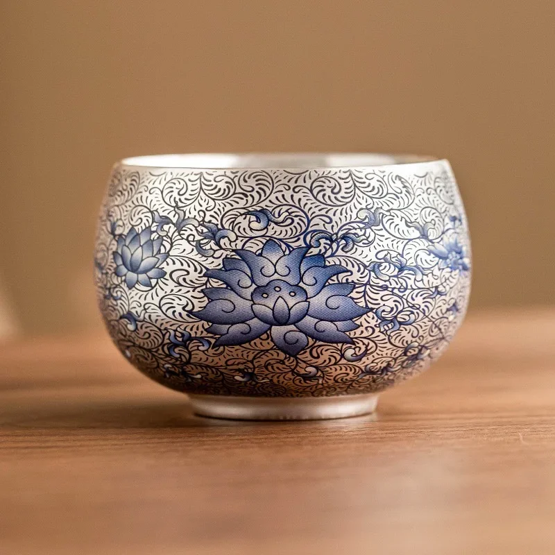145ML Blue and White Lotus Rhyme Arhat Cup Hand-plated 999Silver Ceramic Teacup Master Cup High-end Light Luxury Personal TeaCup