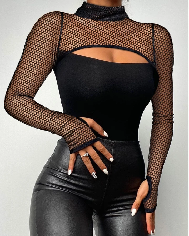 Beautiful Women In Stock 2024 Contrasting Mesh Fabric Sexy Cut Long Sleeved Standing Neck Tight Fitting T-Shirt Y2K Clothes