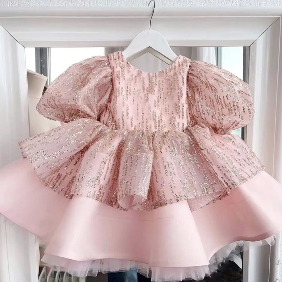 

Puffy Pink Flower Girls Dresses for Wedding Party Sequined Kids Gown Prom Baptism Gowns Infant Girl Birthday Dress