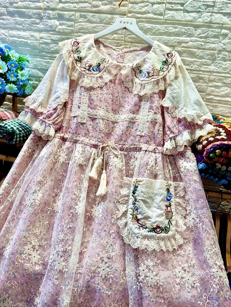 Women Vintage Rococo Victorian Lolita Lace Long Midi Dress Edwardian Retro Chic Cotton Linen Cottagecore Mori Girl Korean Dress