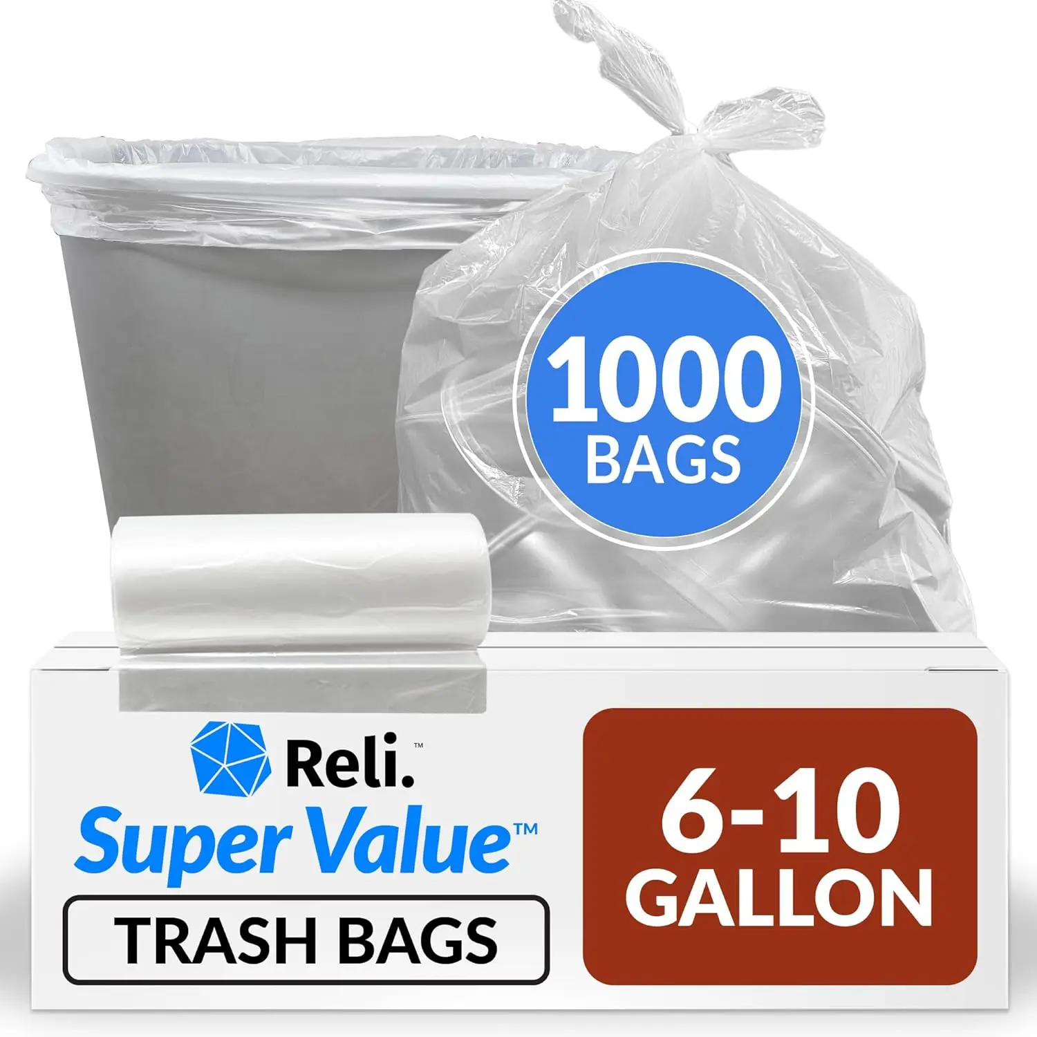 

Reli. SuperValue 6-10 Gallon Trash Bags | 1000 Count Bulk | Can Liners | Clear Multi-Use Garbage Bags