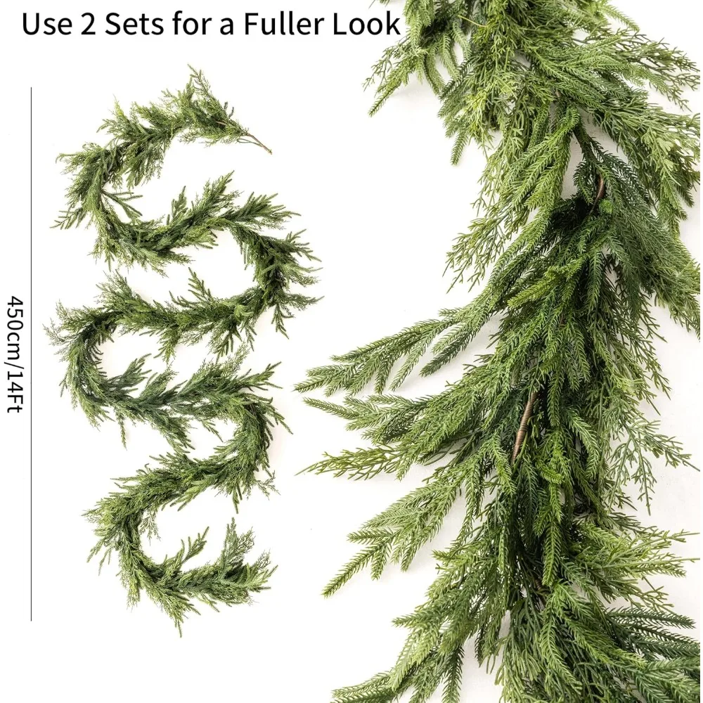 15ft Handmade Christmas Garland,Artificial Cypress Cedar Pine Needles Greenery Seasonal Garland for Christmas TV Cabinet Winter