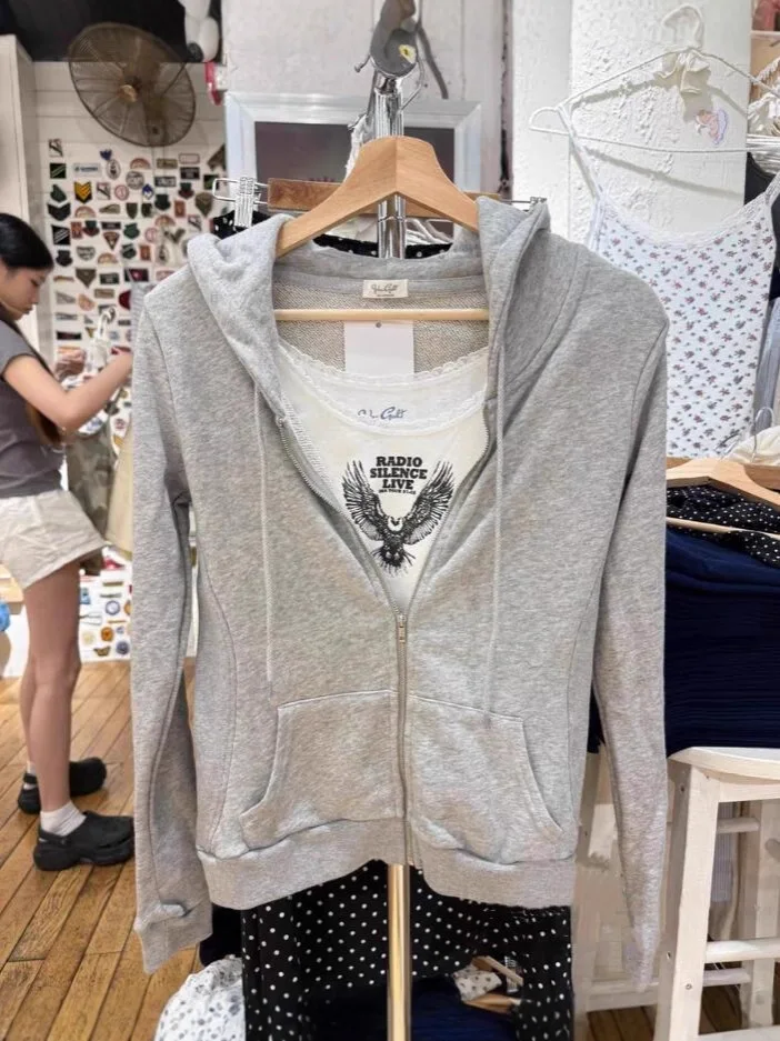 

Простые серые тонкие толстовки на молнии с карманами, женские осенние повседневные толстовки с капюшоном на шнурке, топы, милые тонкие толстовки в консервативном стиле Y2K, пальто