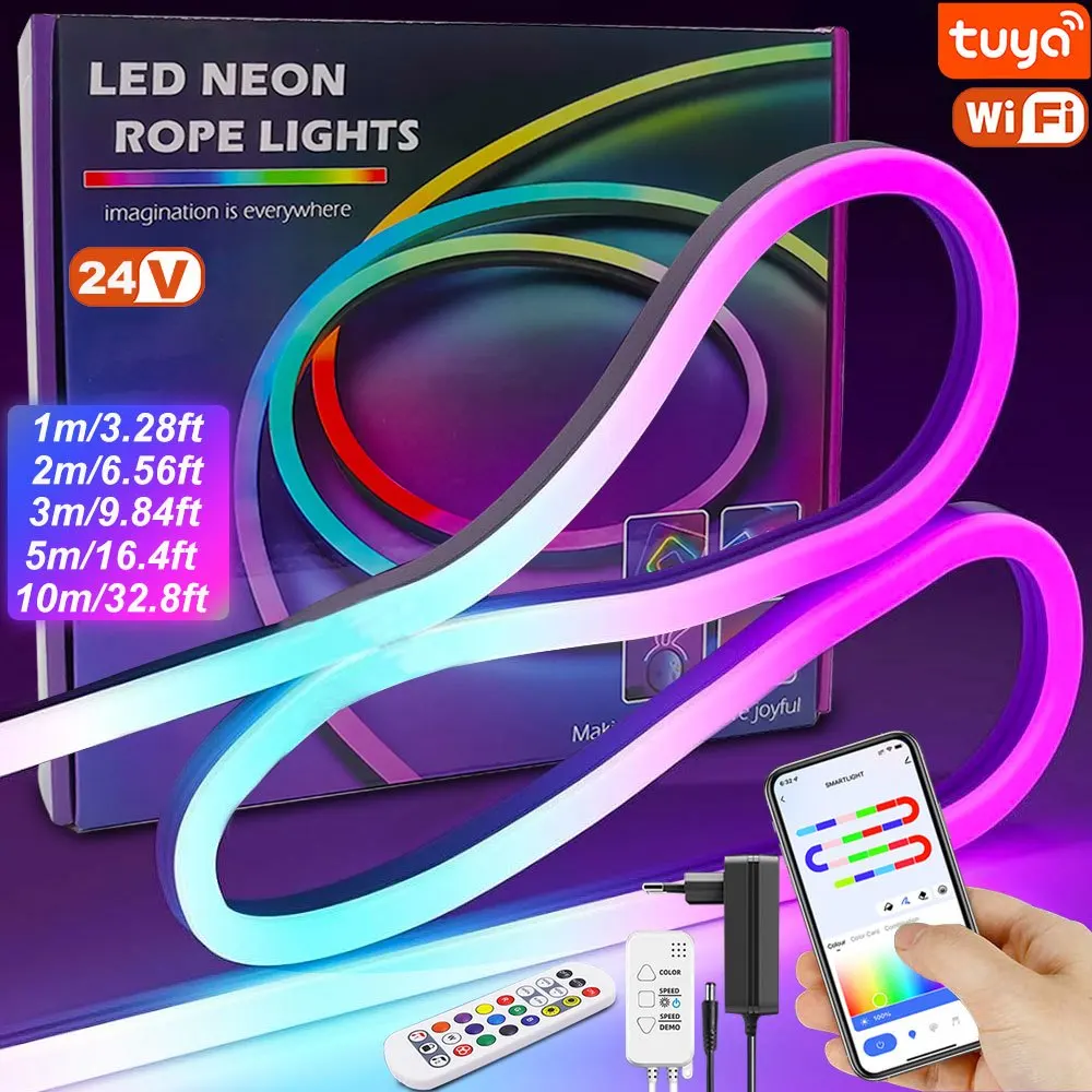 TUYA RGBIC Neon Rope Lights with Smartlife APP & Music Sync, 84LEDs/m Flexible DIY LED Strip, Waterproof & Cuttable for Stairs