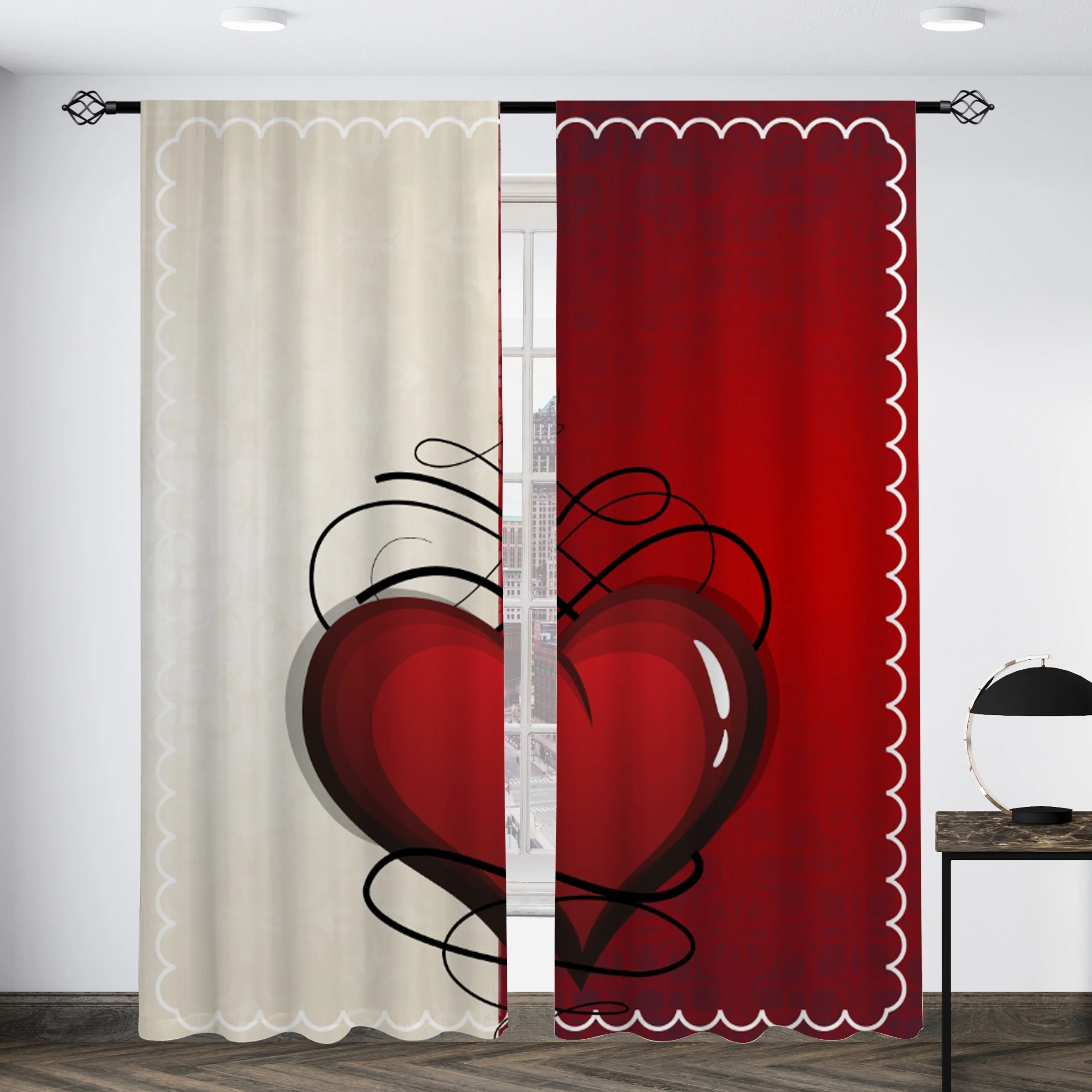 2pcs Valentine's Day Heart Printed Translucent Curtains Living Room Game Room Bedroom Multi-scene Polyester Rod Pocket Decor