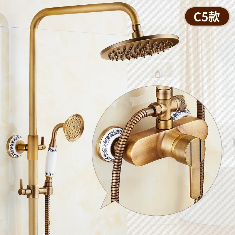 ZGRK Antique Rain Shower Faucets Set with Hand Wall Mounted Brass Shower Mixer for Bathroom Bath Rainfall Shower Set