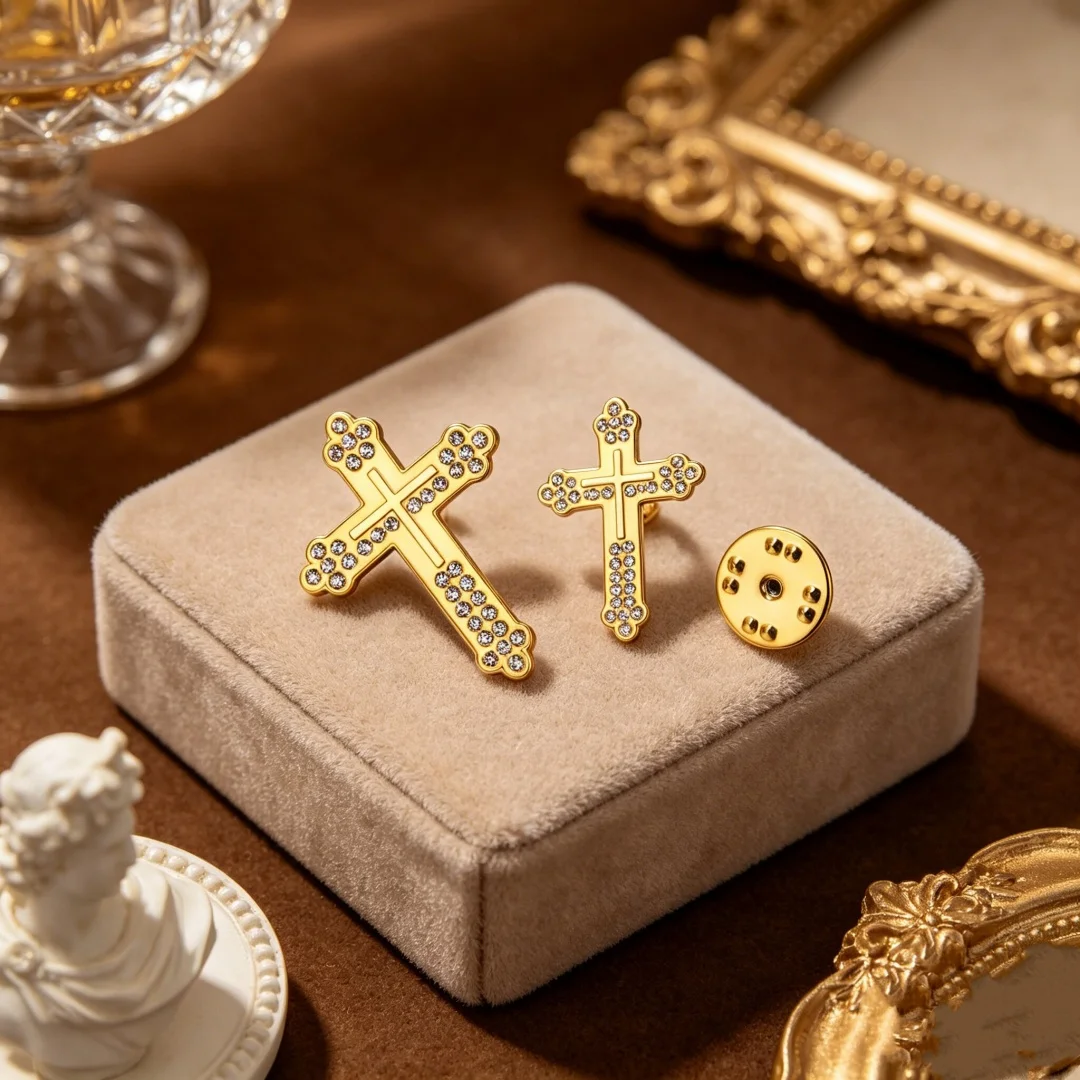 LIKGREAT Luxury Corrosion Carved Cross Brooch Steel Gold Color Tone Rhinestone Inlaid Religious Suit Pin Fashion Jewelry Gift
