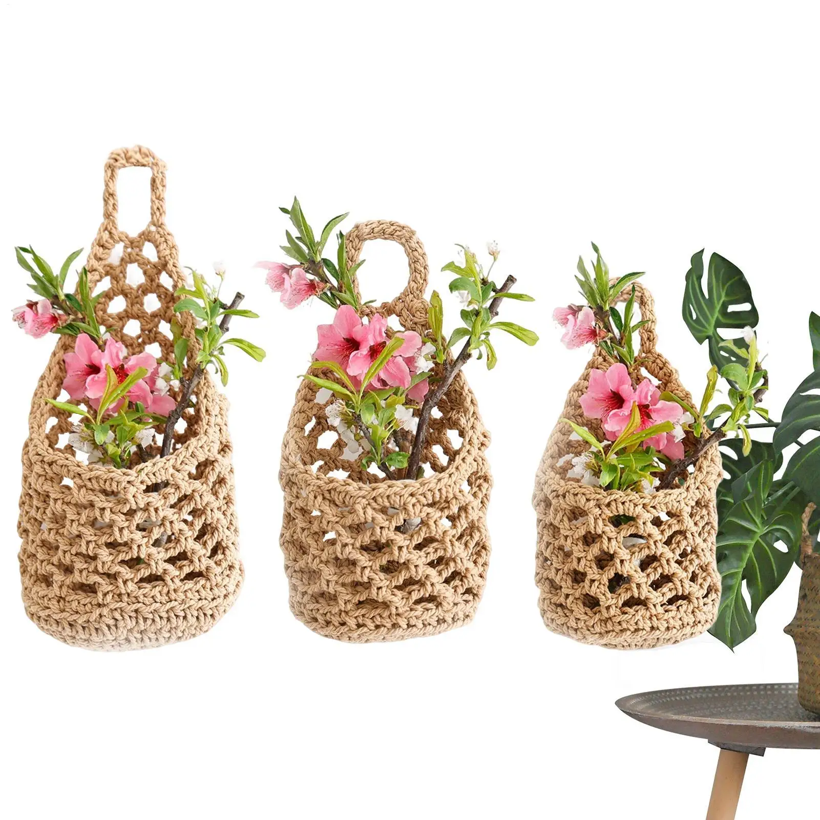 Garden Hanging Planter Macrame Plant Storage Basket Plant Hanger Boho Woven Decorative Cotton Macrame Plant Hangers Wall Decor