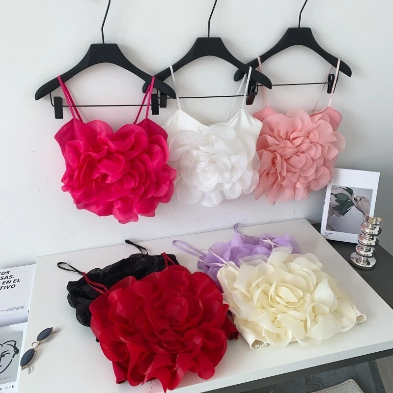 

3D Floral Vacation Camis Female Strap Appliques Elastic Hotsweet Mini Top French Ruched Solid Beach Sexy Tank Top