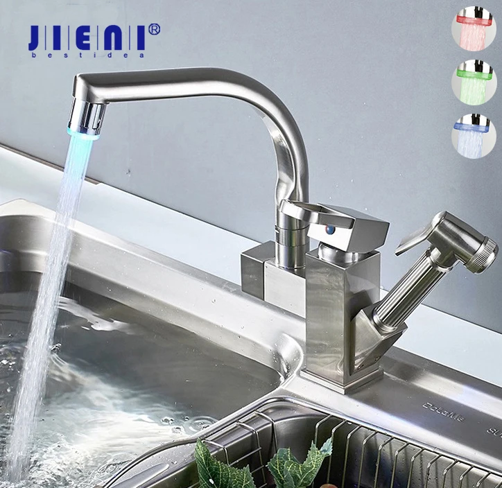 Keran Dapur JIENI Brushed Nickel Tarik Keluar, Putar 360 Derajat, Keran Wastafel Terpasang di Dek, Tuas Tunggal, Semprotan Ganda, Keran Mixer dengan LED