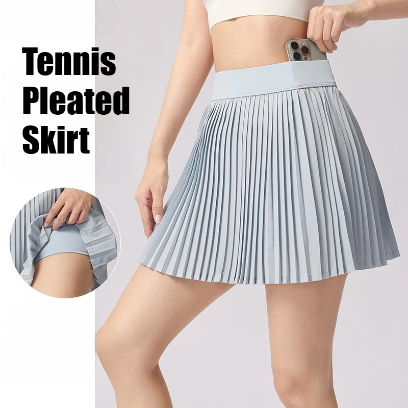 High Waist Women Tennis Pleated Skirt with Inner Pocket Lining High Waist Double Layer Design Sport Sexy Fitness Yoga Shorts