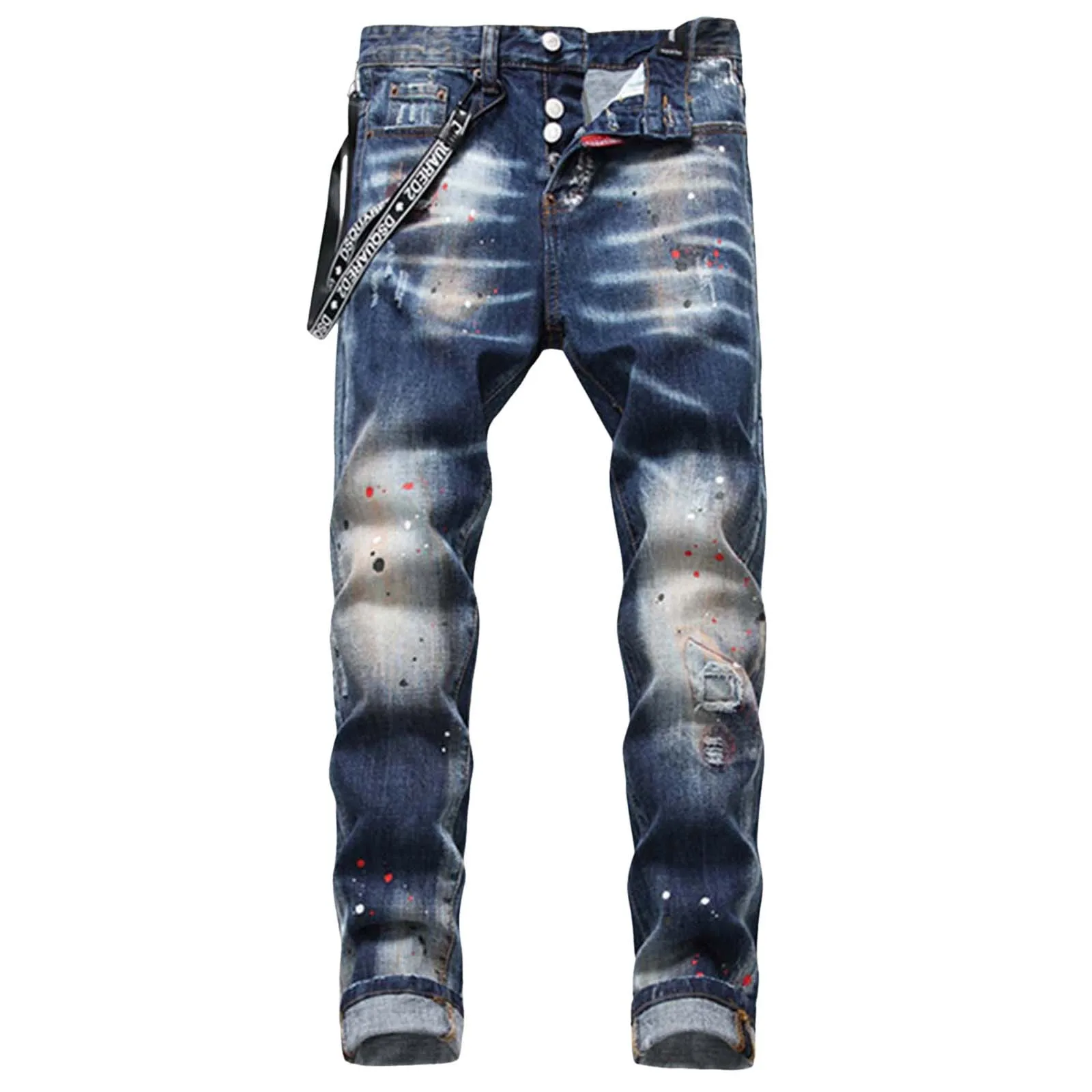 Europe And The United States Blue Hole Patch Cloth Shake Paint Personality Style Men Ribbon Hanging New Jeans Men Mens