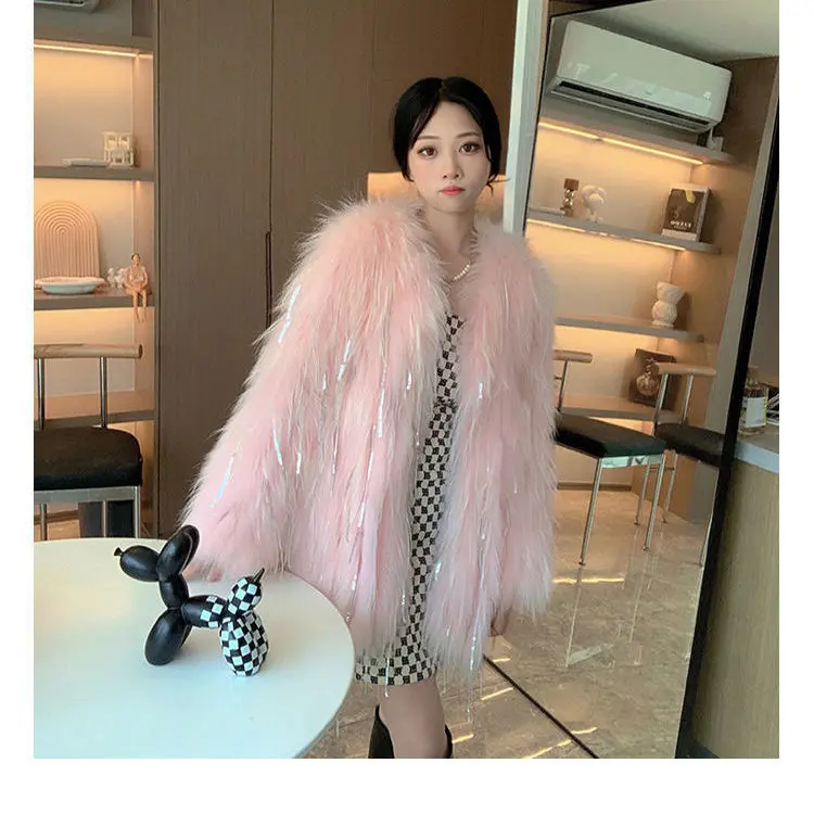 Winter Luxury Faux Fox Fur Coat Slim Long Pink Blue Faux Fur Jacket Women Lengthen Fake Fur Coats manteau fourrure