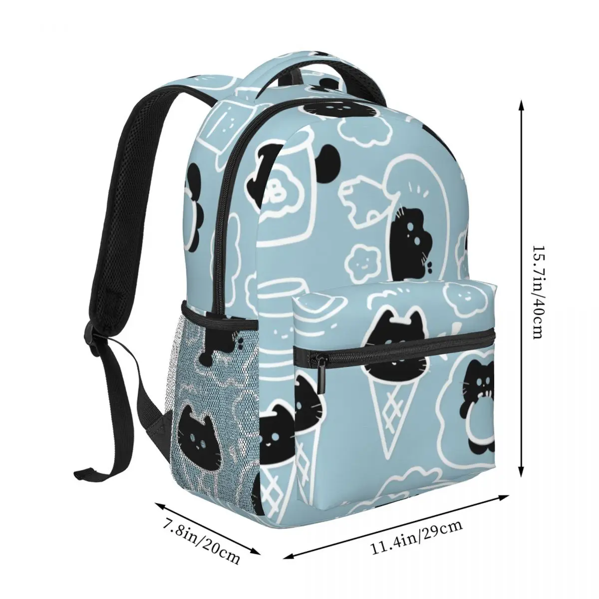 Soft Aesthetic Student Backpack Tossed Whimsical Cats Cute Cartoon Pastel Blue Black White Edgy Daypack for School Work Weekend