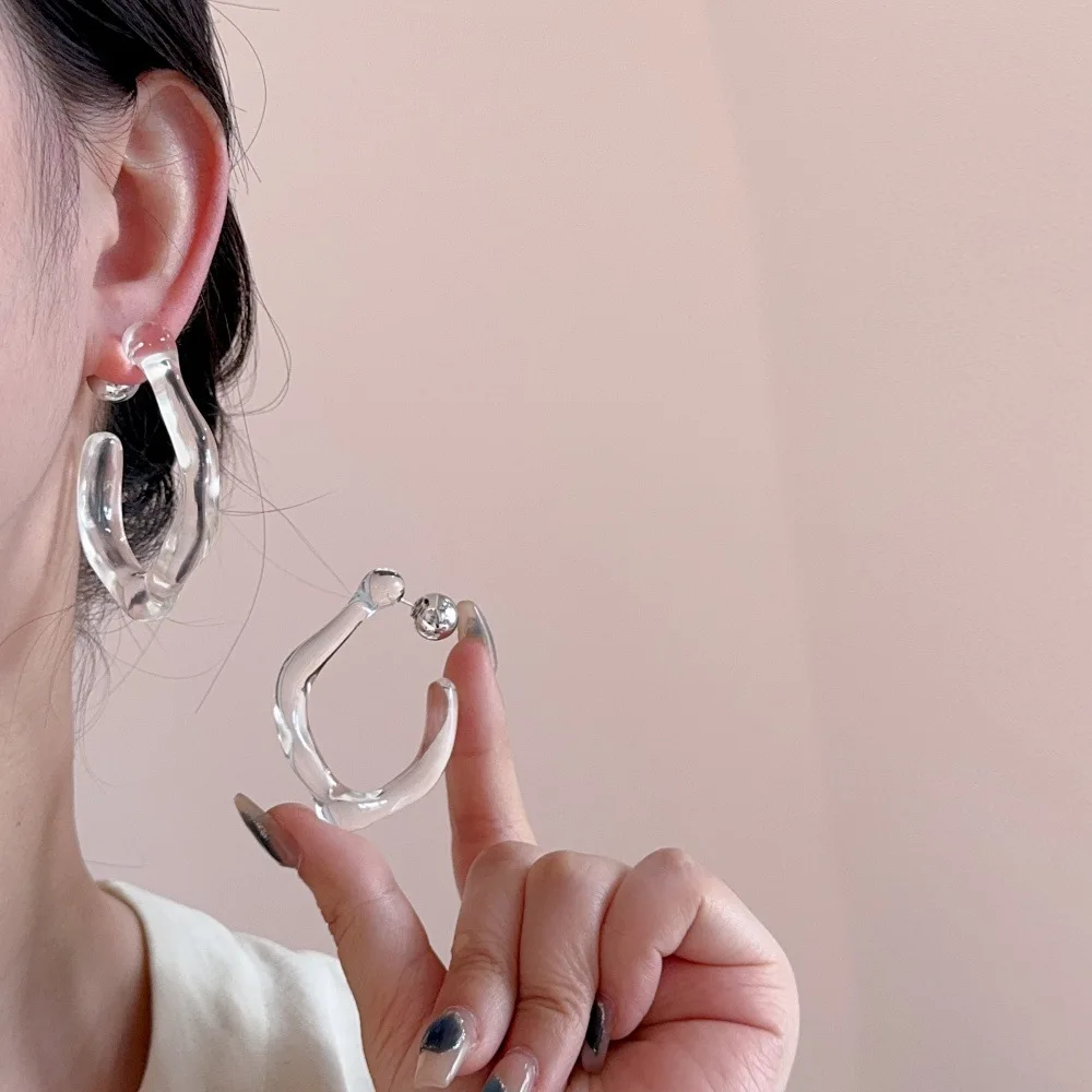 Clear Irregular C-Shaped Acrylic Hoop Earrings, Silver Ball Stud Minimalist Transparent Large Geometric Drop Earrings for Women