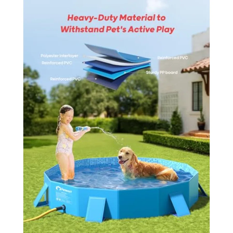 Foldable Dog Kiddie Pool for Outdoor Use Hard Plastic Shell Blue Stable Side Support Portable Collapsible Design 71 in view 3