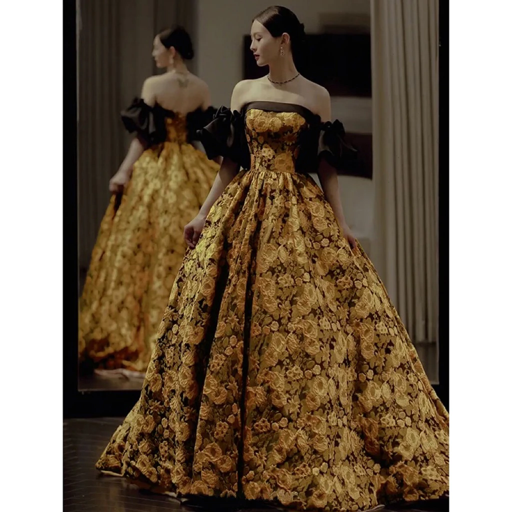 Luxury Yellow Jacquard Evening Dresses Floral Satin Off Shoulder Strapless Princess Woman Court Temperament Party Prom Gowns New