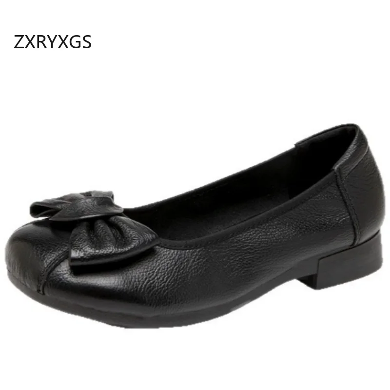 ZXRYXGS 2026 Promotion New Soft Cowhide Bow Mother's Fashion Shoes Flat Soft Sole Comfortable Women's Real Leather Banquet Shoes