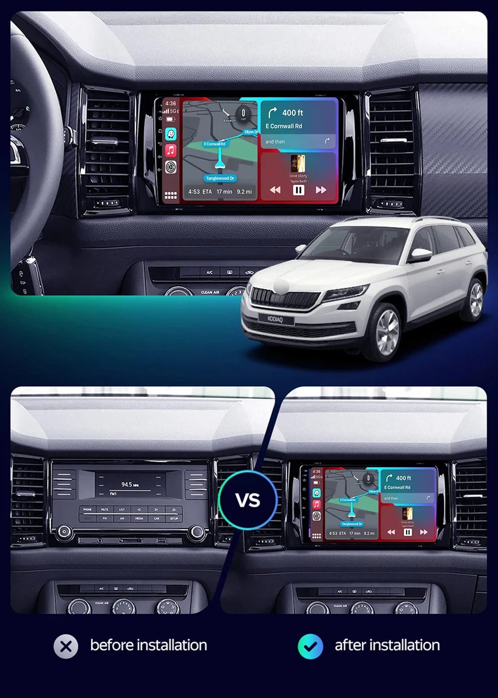 Android 16 CarPlay Auto For Skoda Kodiaq 2016 - 2021 Karoq NU7 2017 - 2021 Car Radio Multimedia Video Player Navigation Stereo