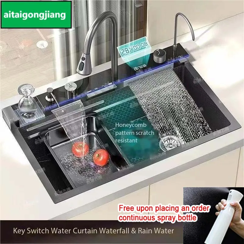 Digital Display Honeycomb 304 Stainless Steel Kitchen Sink Gold Golden Black White Gun Grey Gray Silver Kitchen Sink Water Fall