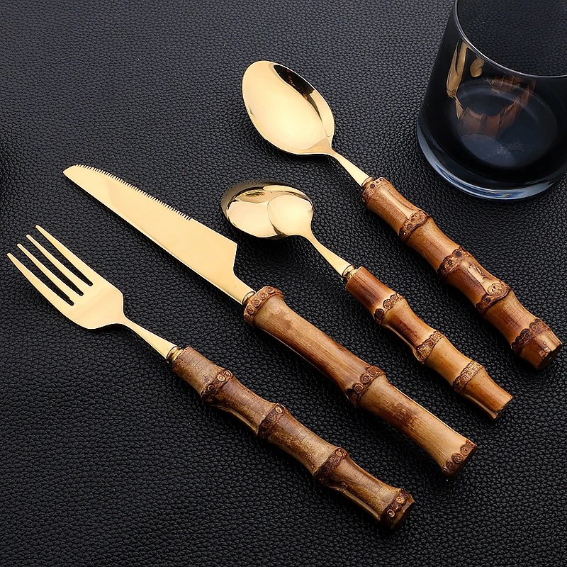 AJOYOUS Gold Cutlery Set 16/24Pcs Kitchen Mirror Stainless Steel Cutlery with Bamboo Handle Dinner Knife Fork Spoon Dinnerware