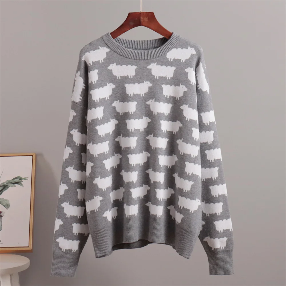 Women Loose Cartoon Sheep Sweater 2024 Autumn Winter O Neck Long Sleeve Pullover Casual Tops Female Knitted Sweater