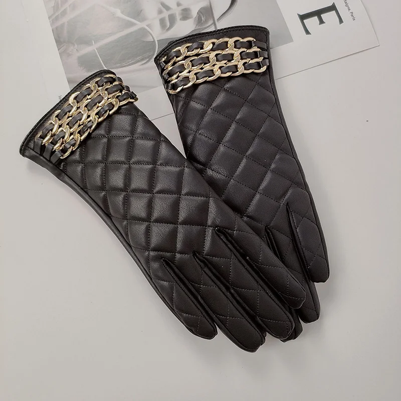 Women Black Chain Thickened Plush Inside Grid PU Artificial Leather Glove Sexy Female Nightclub Dance Punk Performance Mitten