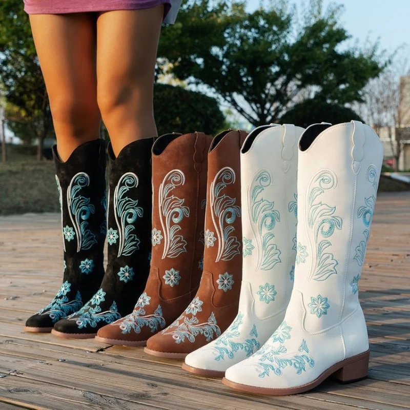 

Retro Women Boot Fashion Women Knight Boots Embroidered Long Tube Boots Western Cowboy Waterproof Cold Resistant Designer Shoes