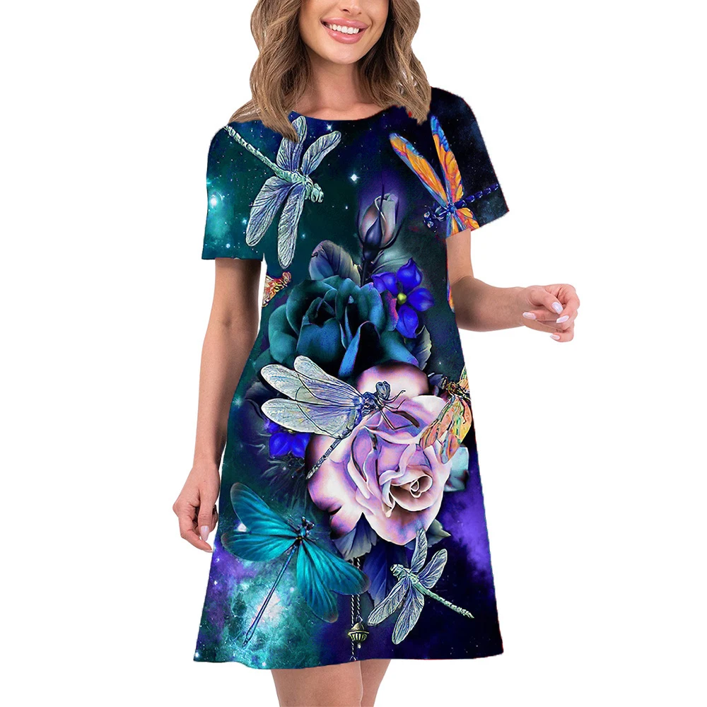 Elegant Women Fashion Short Sleeve Dress Casual Party Floral Print Loose Clothing Summer Street A-Line Dress Female Vestidos