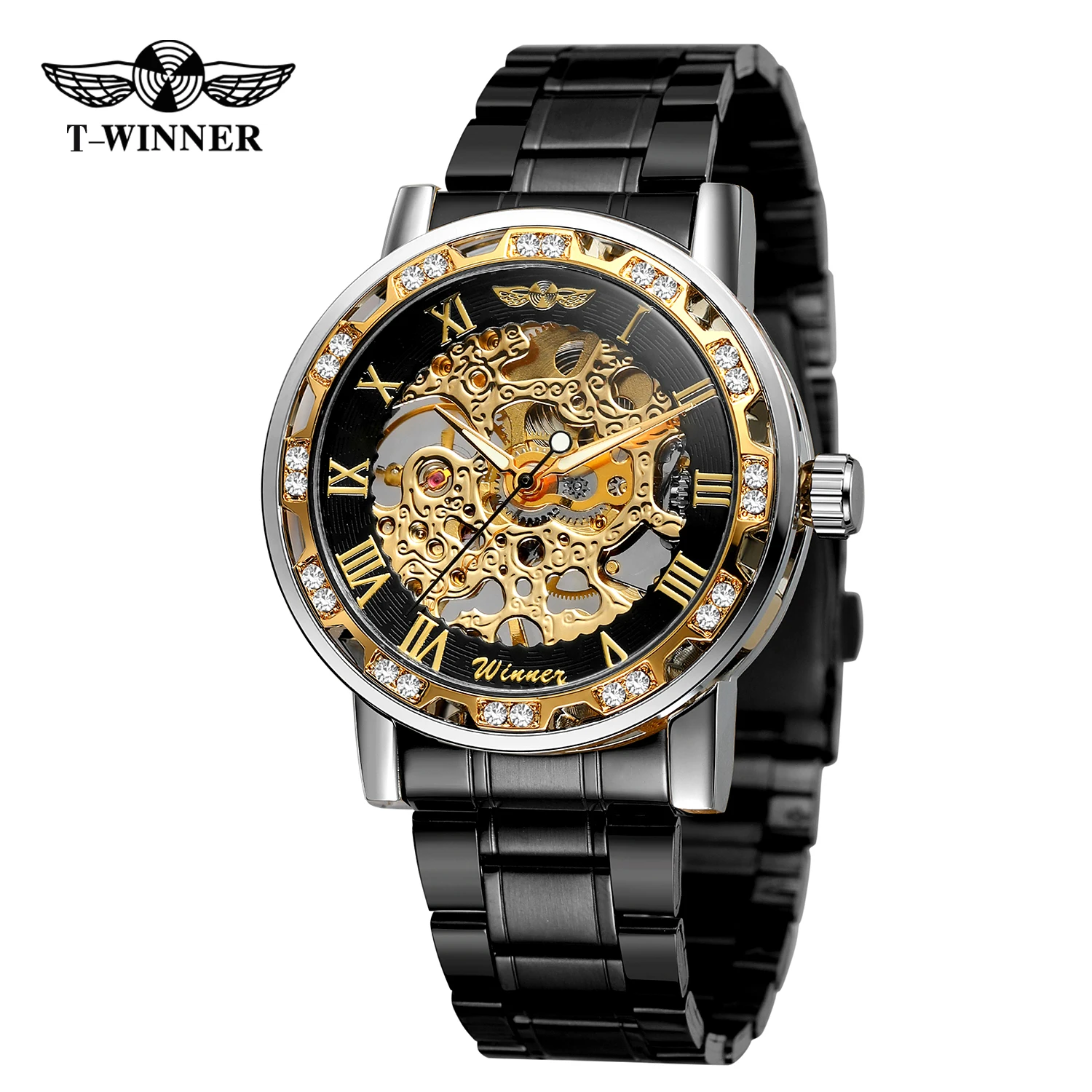 T-WINNER ファッションブラックカジュアルメンズ腕時計スケルトン機械式彫刻高級クールラインストーン発光ポインター男の腕時計