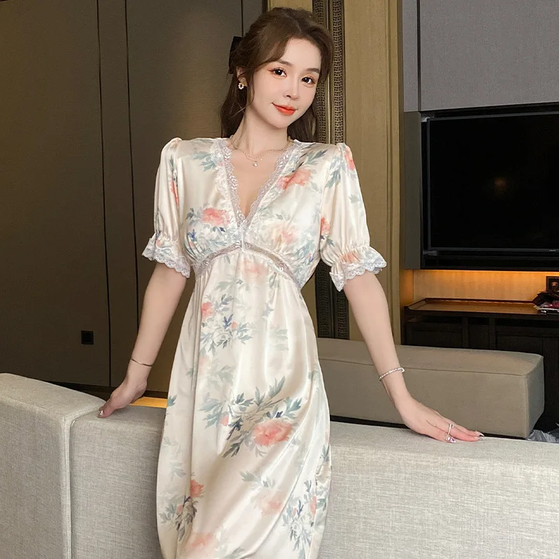 Summer Satin Night Dress Women Sleepwear Pyjamas Long Lace Nightgown Short Sleeve Pajamas Loose Intimate Lingerie Nightwear Pjs