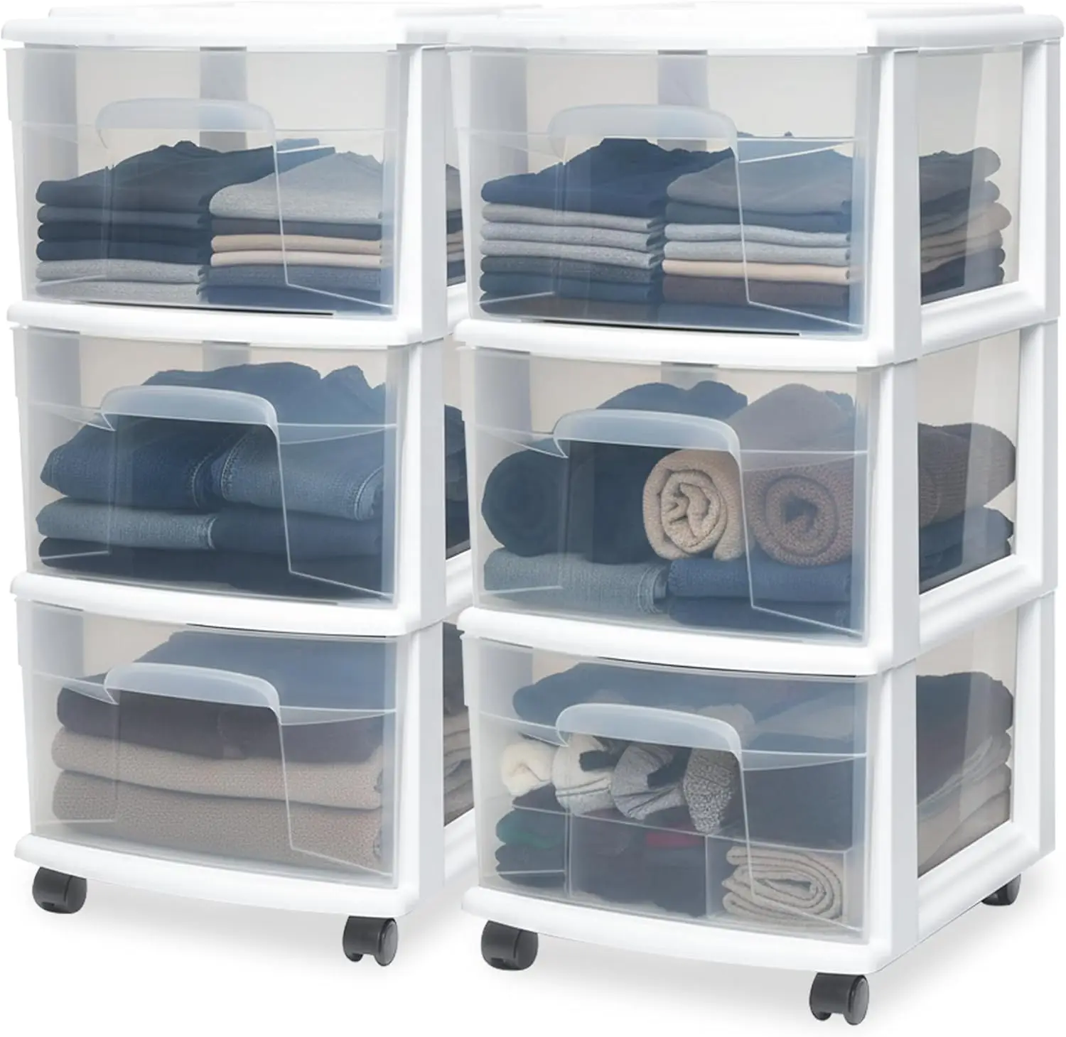 

2-Pack Drawer Tower, 3-Tier Clear Plastic Storage Organizer Cart, White Frame - Organizing Containers with Wheels for Home, B