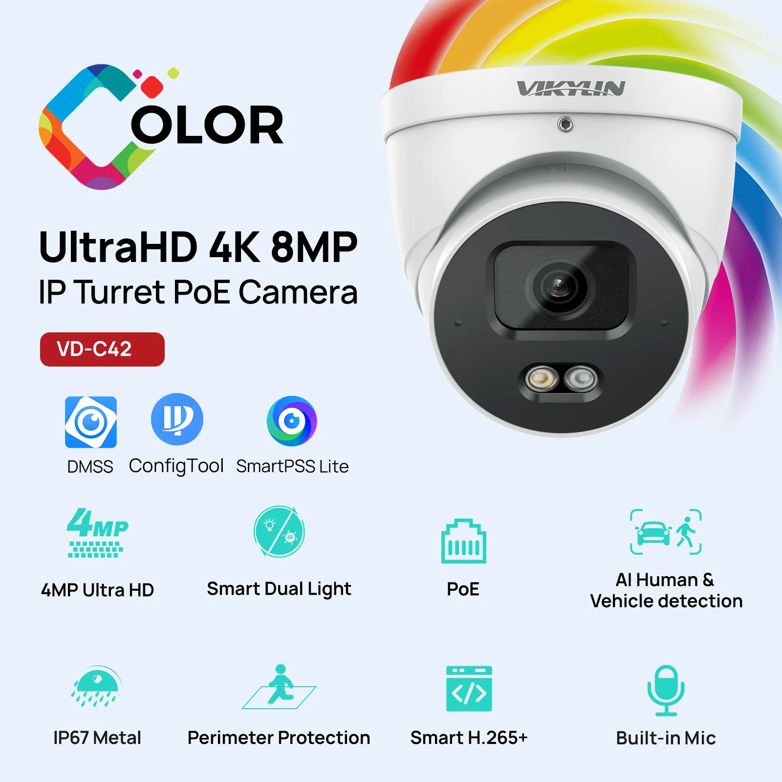 VIKYLIN 4MP IVS IP Security Camera Smart Dual Light Built-in Mic Smart Motion Detection Outdoor Support Onvif IP67 Metal Housing