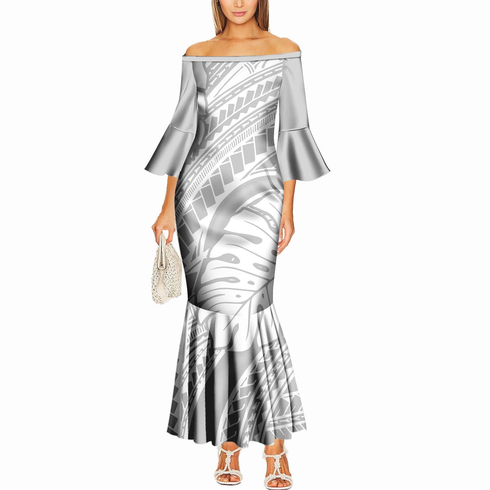 فستان صيفي بكتف واحد وأكمام واسعة على شكل جزيرة بولينيزية للنساء تصميم صديق للبشرة طويل مثير مصنوع حسب الطلب فستان ذيل السمكة النحيف #5