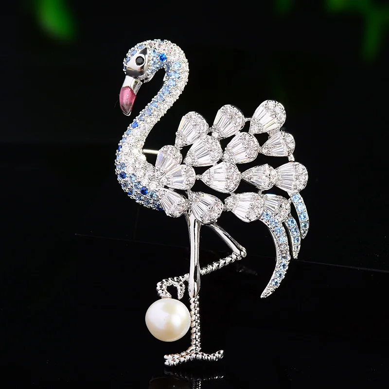 New Fashionable Micro-inlaid Zircon Crane Pearl Brooch for Women High-end and Niche Animal Pin Elegant Temperament Accessories