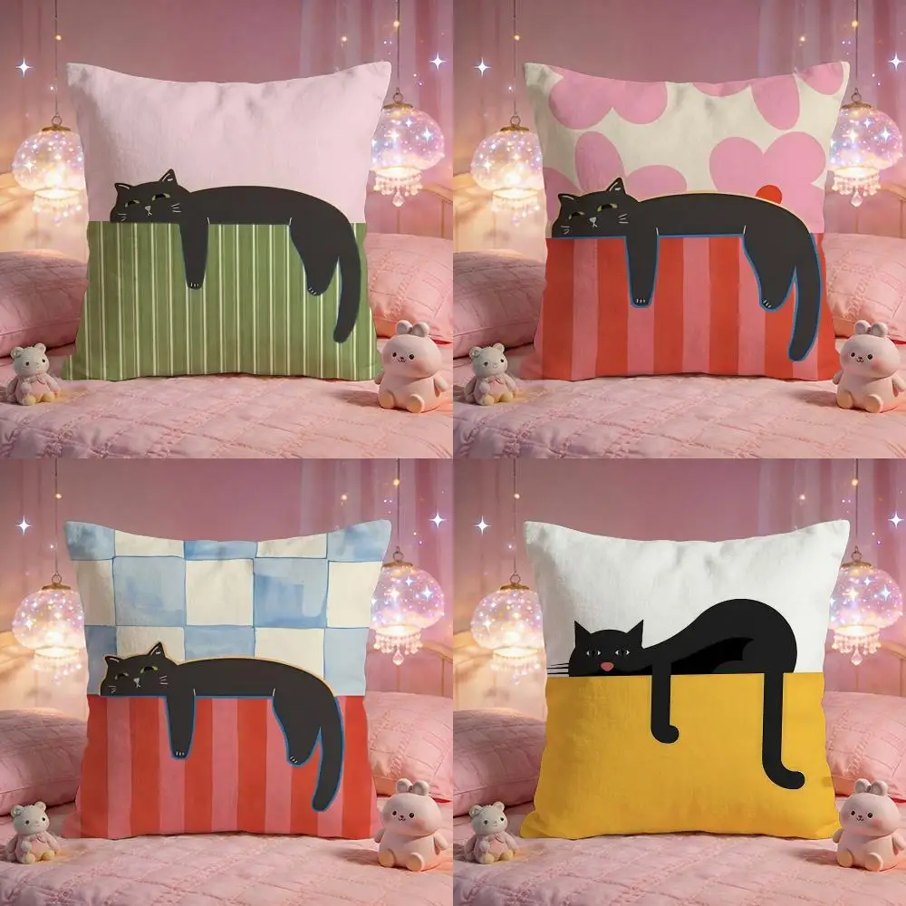 Adorable Lazy Black Cat Cushion Cover Premium Comfort Reversible Pillow Cove -Two in One Design for Any Room & Car Interior