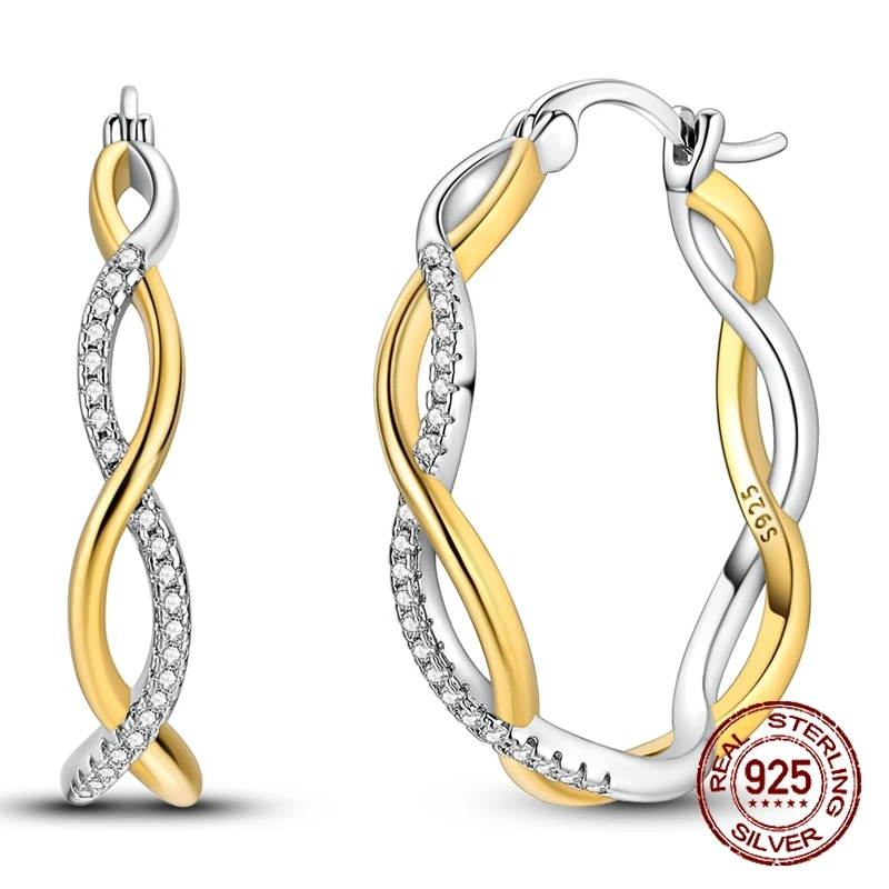 925 Sterling Silver Two Tone Gold & Silver Twisted Hoop Earrings Infinity Paved Huggie Hoops Earrings for Women Jewelry Gifts