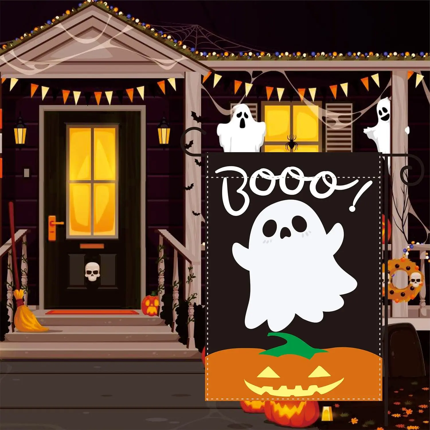 هالوين شبح حديقة العلم اليقطين شبح بو أبيض وأسود برتقالي 12x18 على الوجهين هالوين عطلة حفلة فناء ديكو FFI