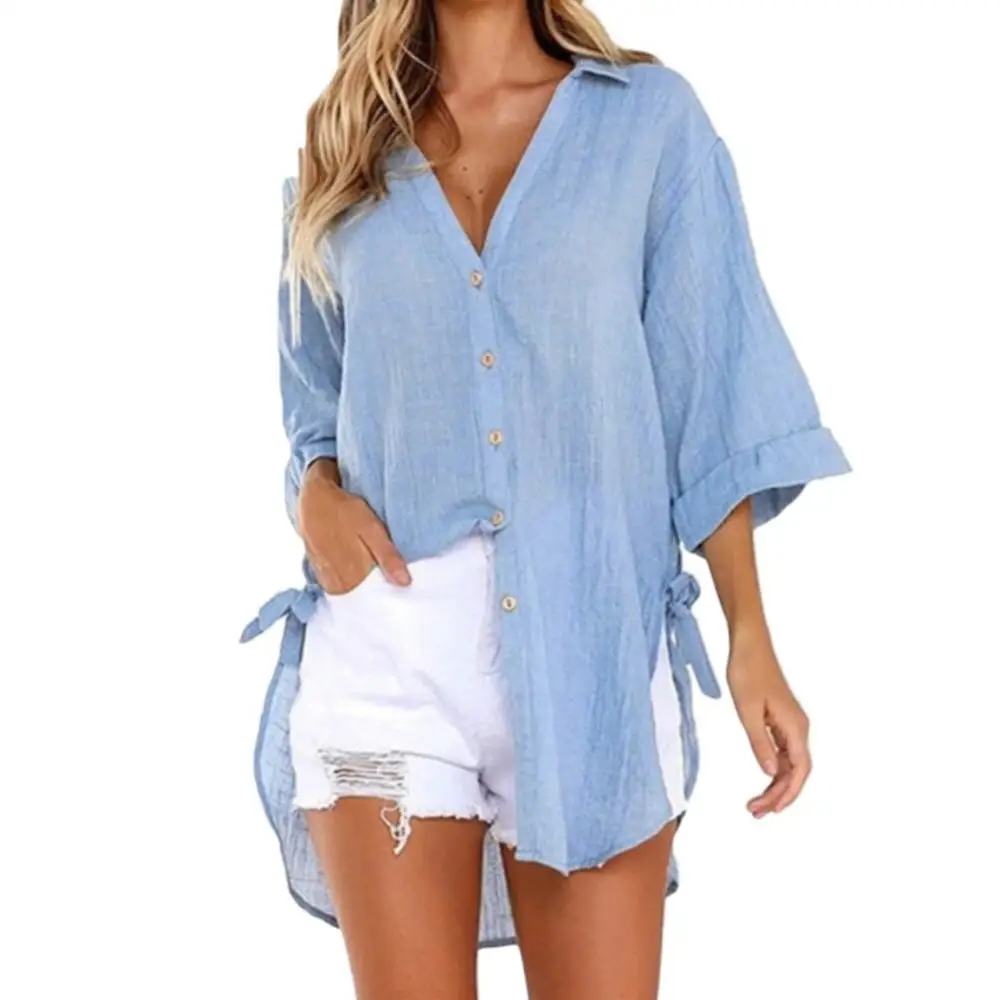 

Women's Blouse Cotton Beach Shirt Summer Tops Casual Cover-ups Midi Dresses Fashion Solid Loose Tunics Female Swimwear