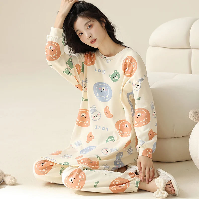 Long Tops + Pants 2 Pieces Set Autumn Women Pyjama Suit Striped Print Home Service Ladies Casual Pajamas Cotton Female Sleepwear