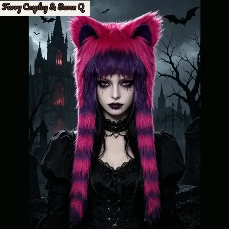 Gothic Plush Ear Hat with Long Hanging Side Panels Pointed Ear Earflap Headwear for Festival Cosplay Winter Styling