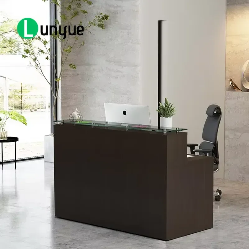 Modern Wooden Rectangular Reception Desk with Open Multi Function Storage Rack for Office Front Desk Commercial Use Space