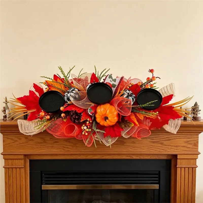 [NEW!A08R】 Fall Candle Holder Centerpiece For Table 3 Pillar Candle Base Pumpkin Maple Leaf Thanksgiving Decor