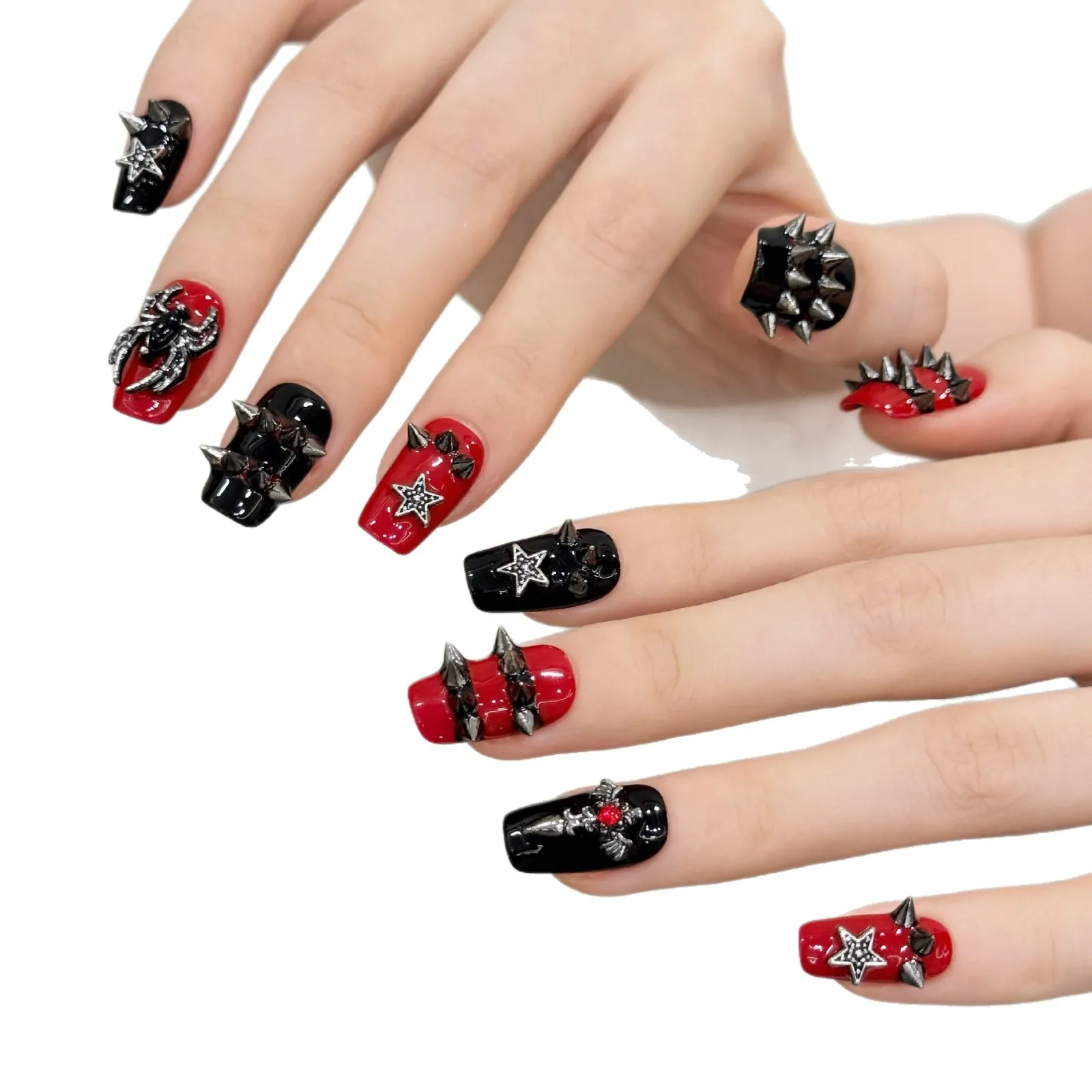 Halloween Punk Rock – Ragno a blocchi di colore nero e rosso tempestato di borchie scure, ragazza calda dolce e piccante, adesivi per unghie fatti a mano unici da 10 pezzi
