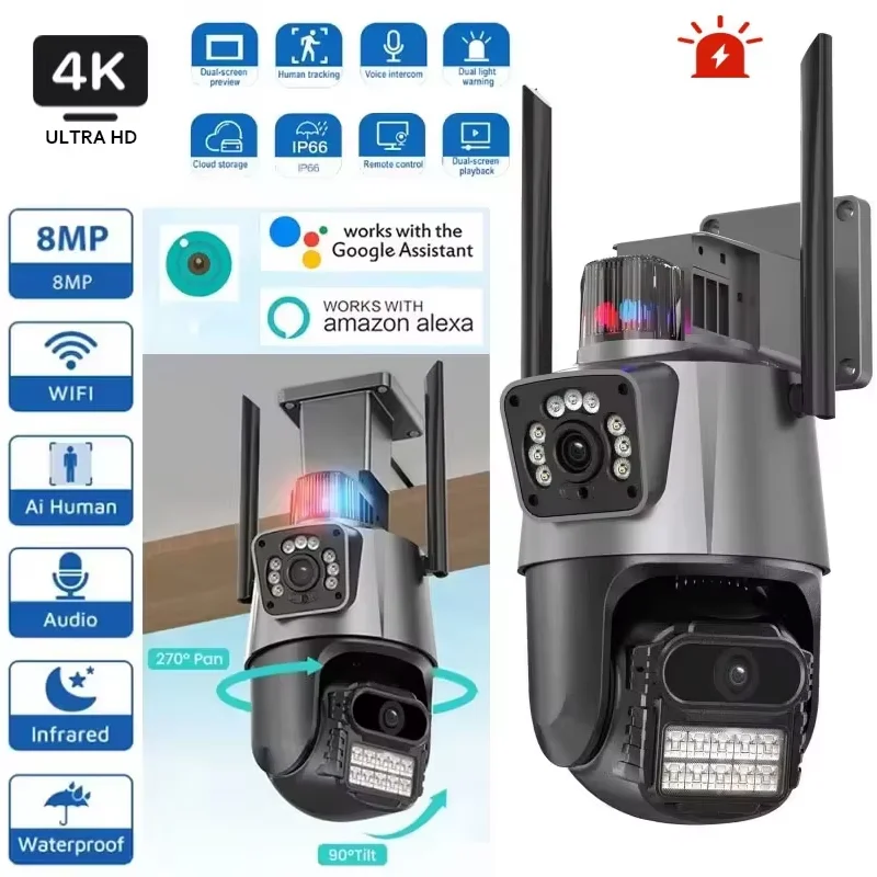 

8-мегапиксельная интеллектуальная PTZ-камера с двумя объективами, Wi-Fi 6, наружная 8-кратная зум/двусторонняя аудиосвязь/ночное видение/IP66 для домашней системы видеонаблюдения